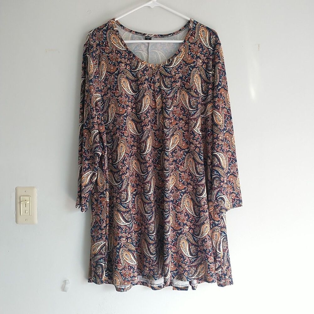 Overworet'y Tunic Top Mini Dress 3X Multicolor Paisley Floral Button Boho Festiv